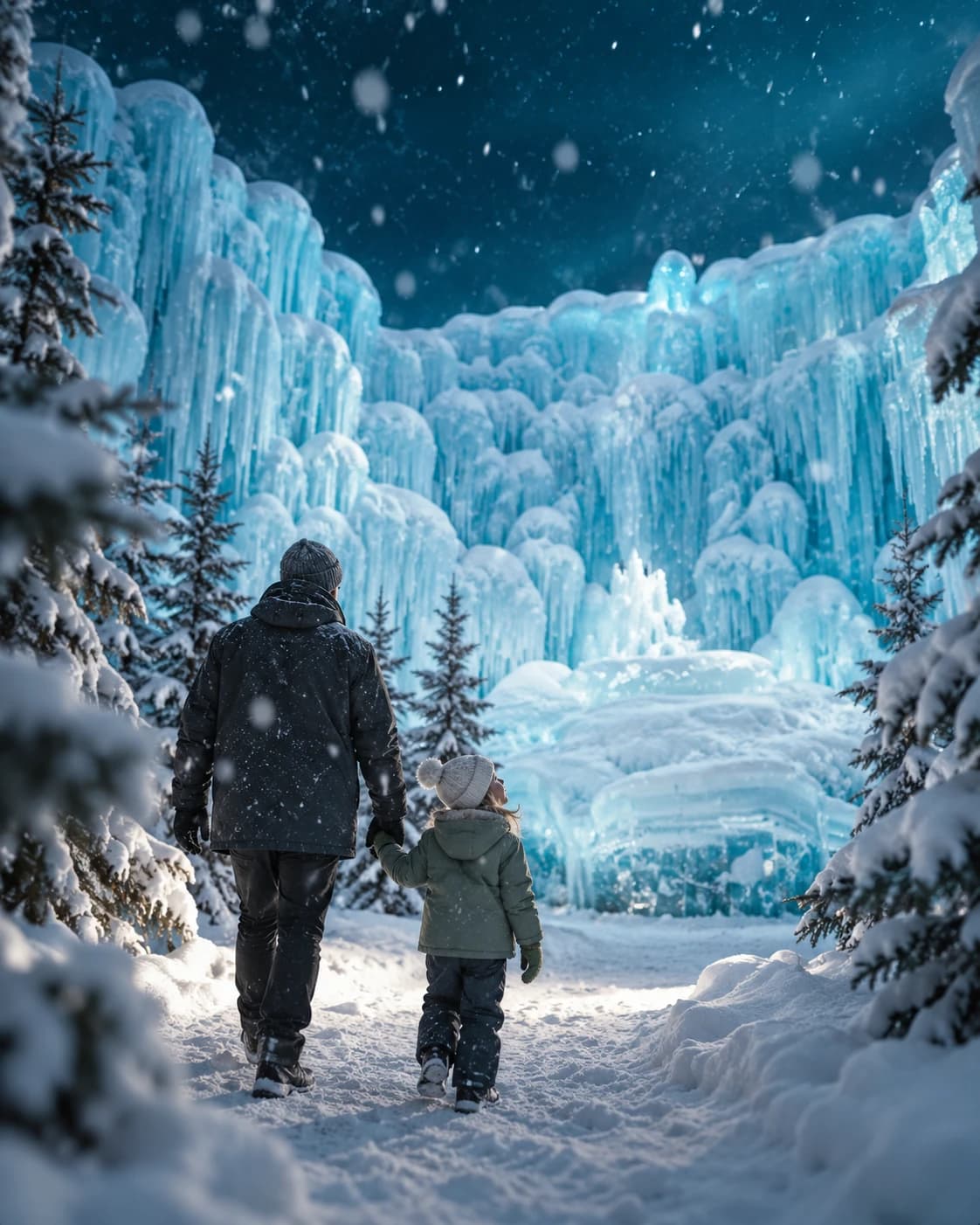 Concept image: A parent and child walk a snowy forest path at night toward glowing walls of ice